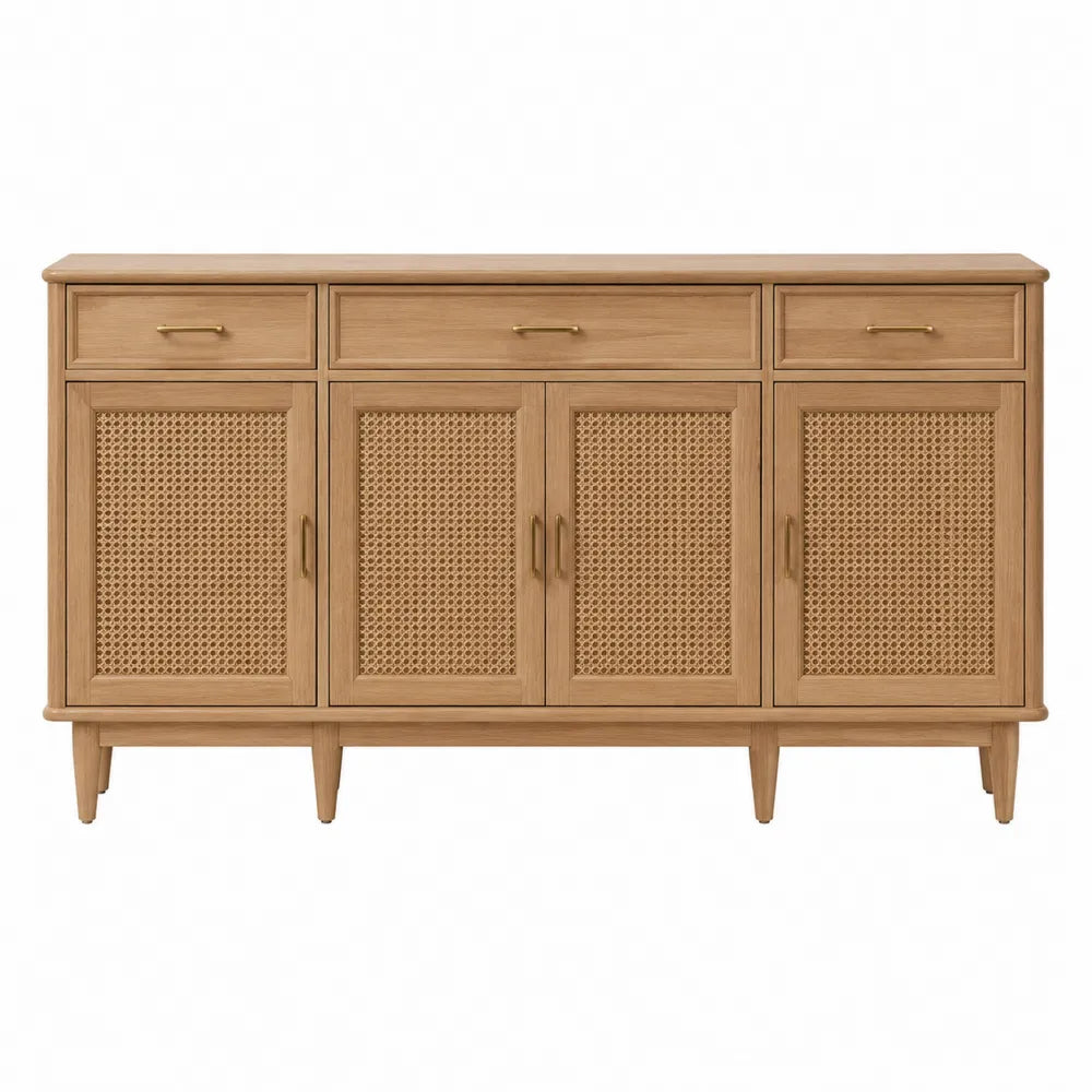 Buffet rectangulaire 3 tiroirs 4 portes en MDF plaqué chêne naturel cannage rotin poignées dorées 180 x 45 x 85 cm