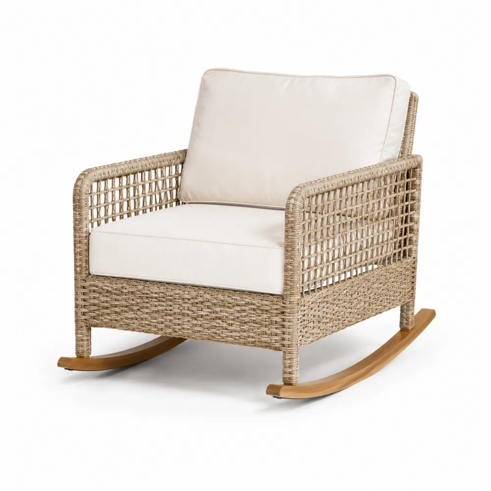 Fauteuil à bascule de jardin en résine tressée beige avec coussins et patins en bois