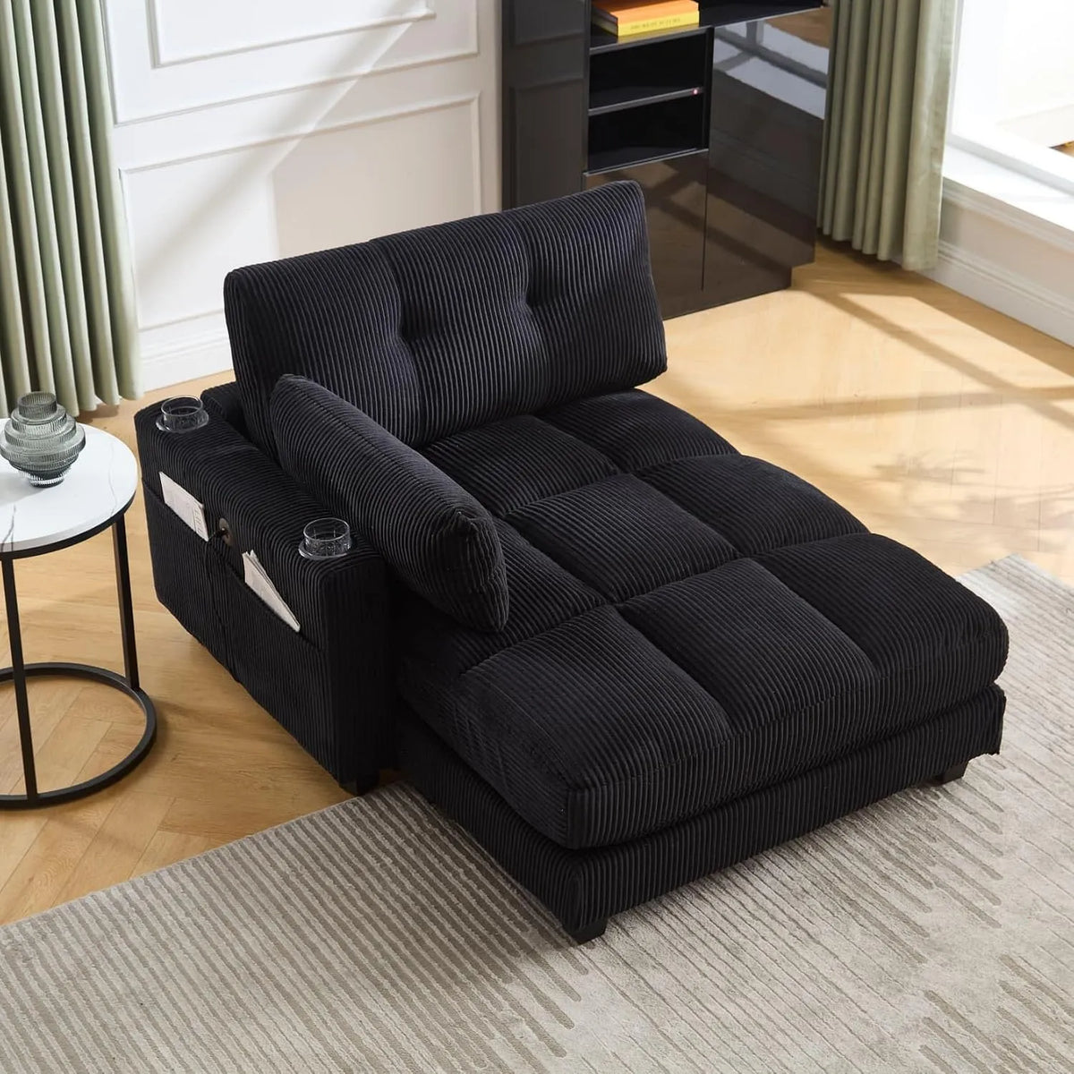 Fauteuil relax et fauteuil inclinable – en velours côtelé, revêtement en tissu, avec bureau, avec coussins, 1 Place, noir