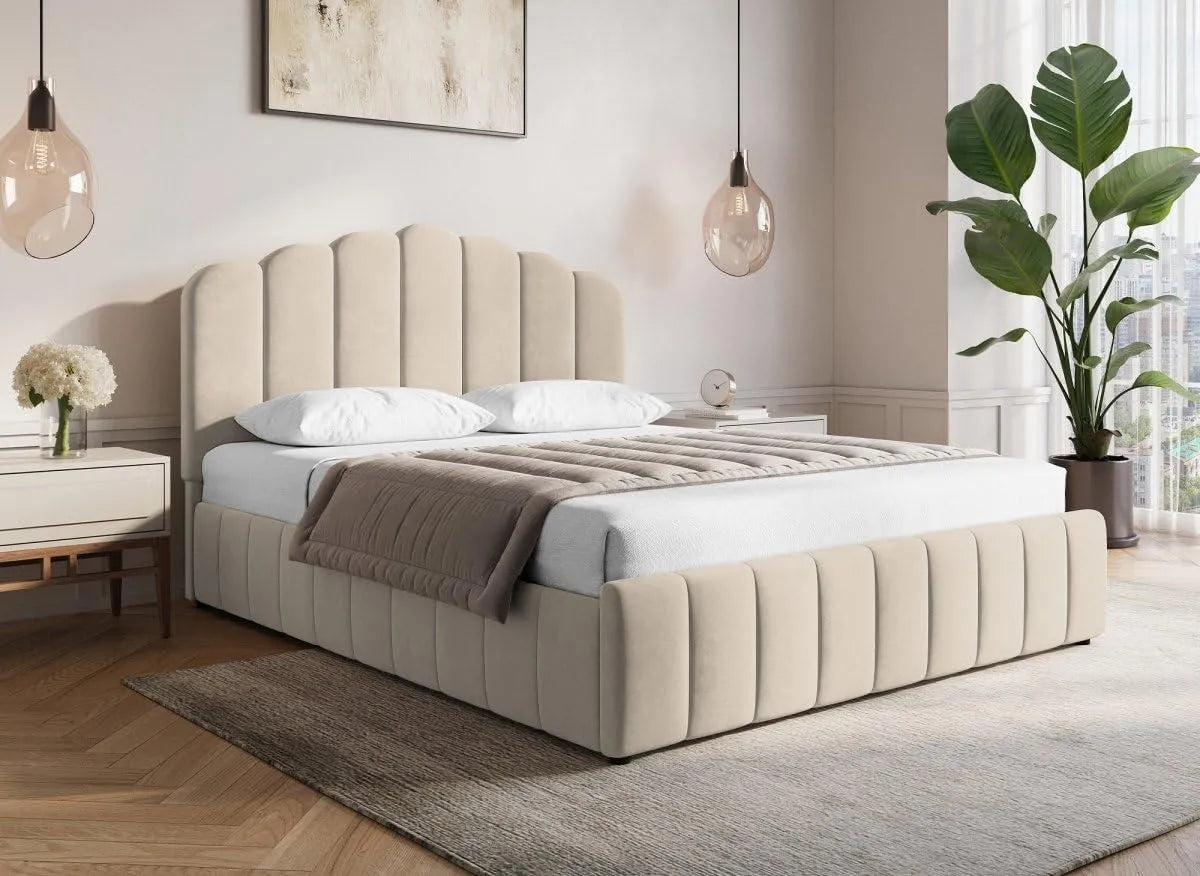 DecoInParis Lit Coffre en Velours Beige 160x200 cm Elvira – 160 × 200 cm