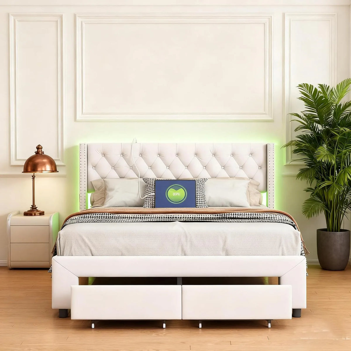 Lit rembourré et cadre de lit tapissé — avec rangement, avec tiroirs, avec port USB, affichage LED, 2 tiroirs, 140 × 190, beige
