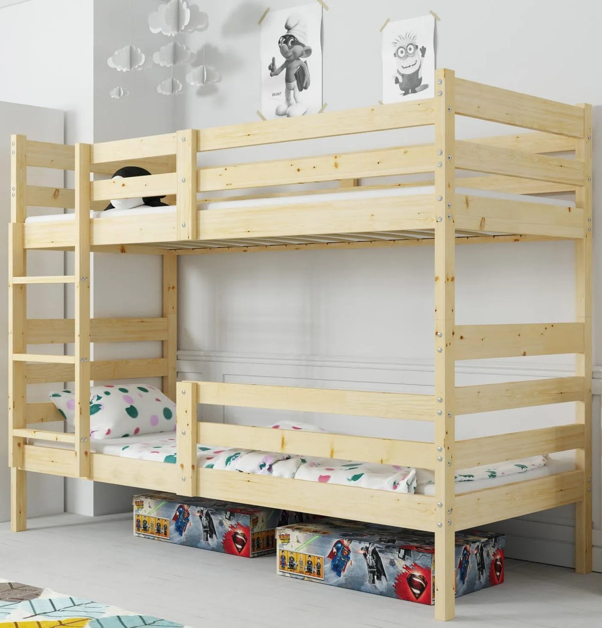 Lit superposé et lit mezzanine — en bois, avec tiroirs, 90 × 190, en bois massif