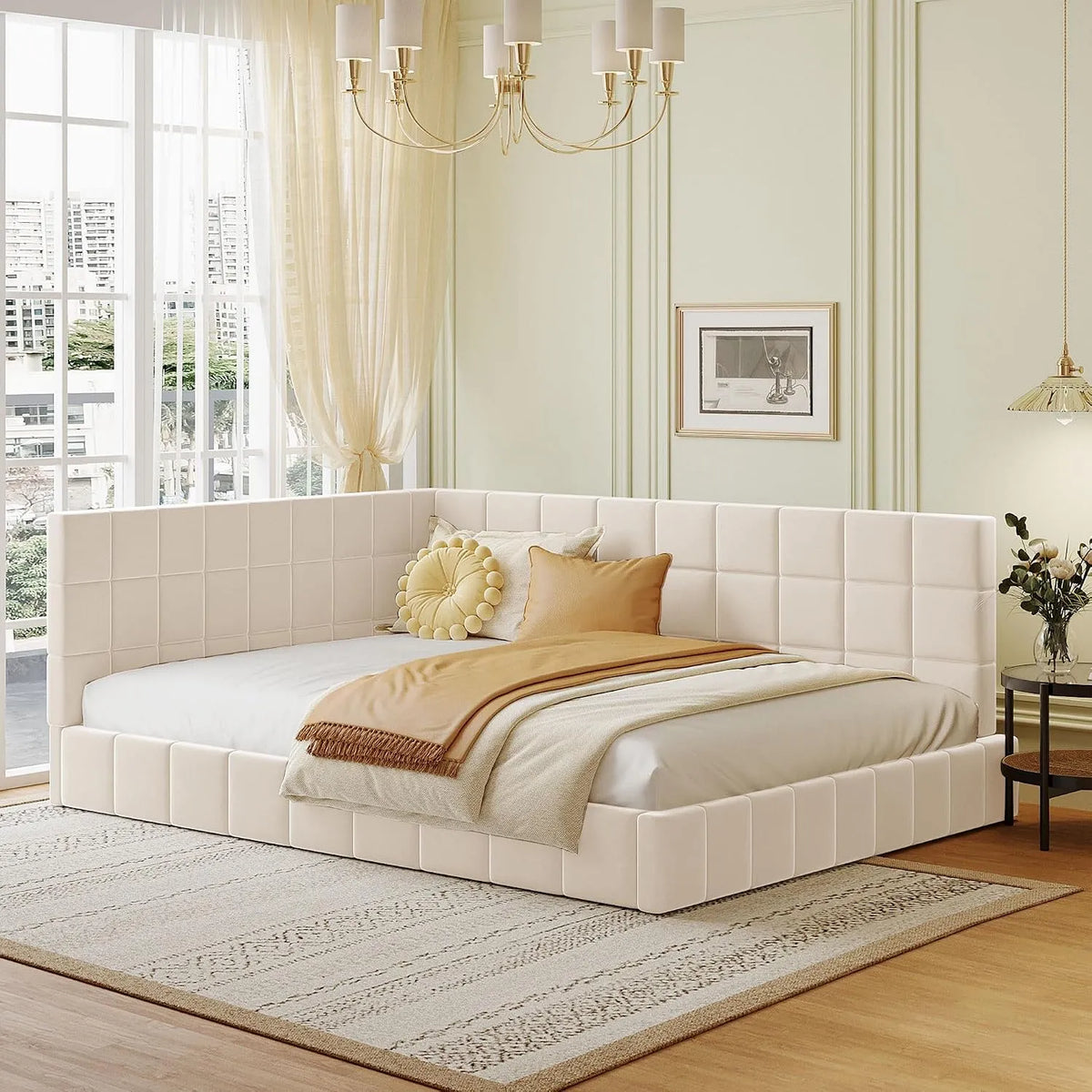 Canapé convertible et canapé-lit — revêtement en tissu, 140 × 200 cm, beige, revêtement en velours