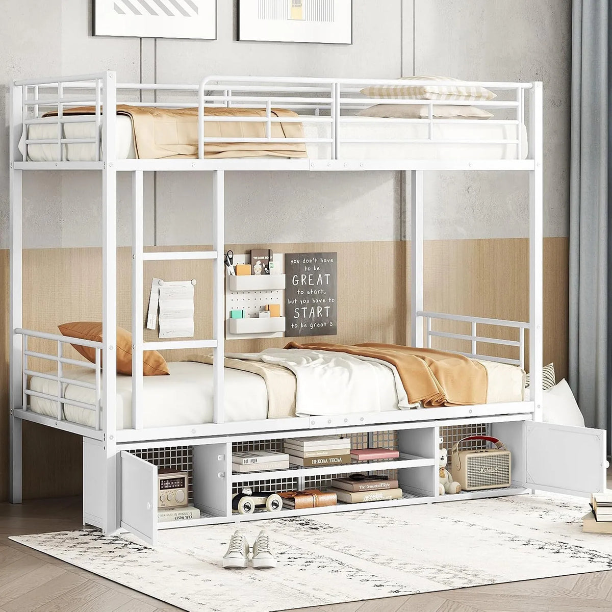 Cadre en Fer — pour enfant, avec rangement, avec tiroirs, 90 × 200 cm, blanc, revêtement en tissu