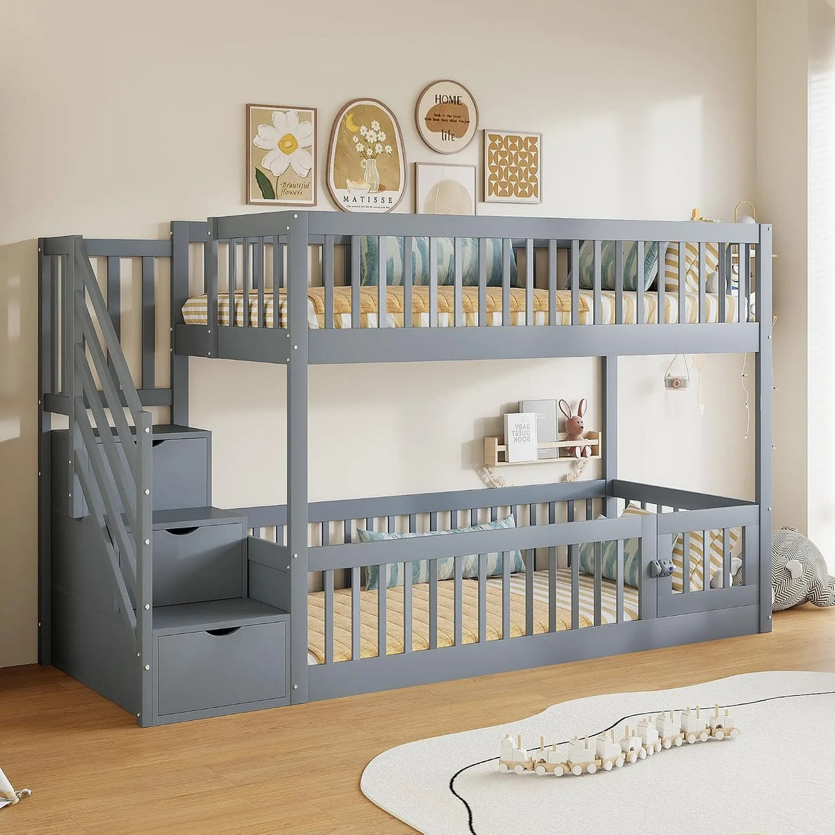 Lit superposé et lit mezzanine – pour enfant, en bois, avec rangement, avec escalier, 90 × 200 cm