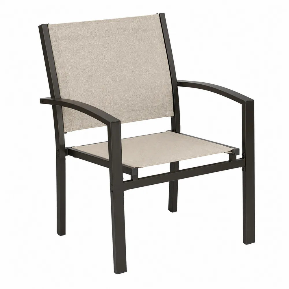 Chaise de jardin avec accoudoirs acier peint par poudrage brun foncé et textilène beige 56 x 62 x 89 cm