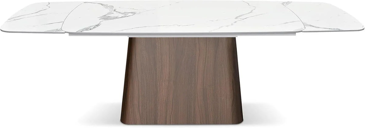 Table extensible Teresa en céramique blanche avec pieds en noyer, pour cuisine et salon, 160 x 90 x 76 cm