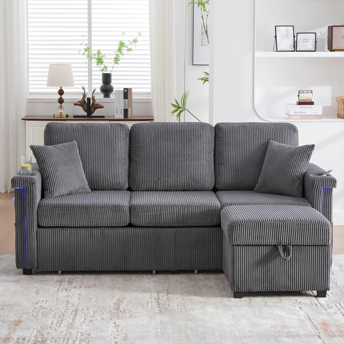 Canapé d'Angle 3 Places avec Rangements, Éclairage LED et Ports USB/Type-C - Velours Côtelé Gris Foncé
