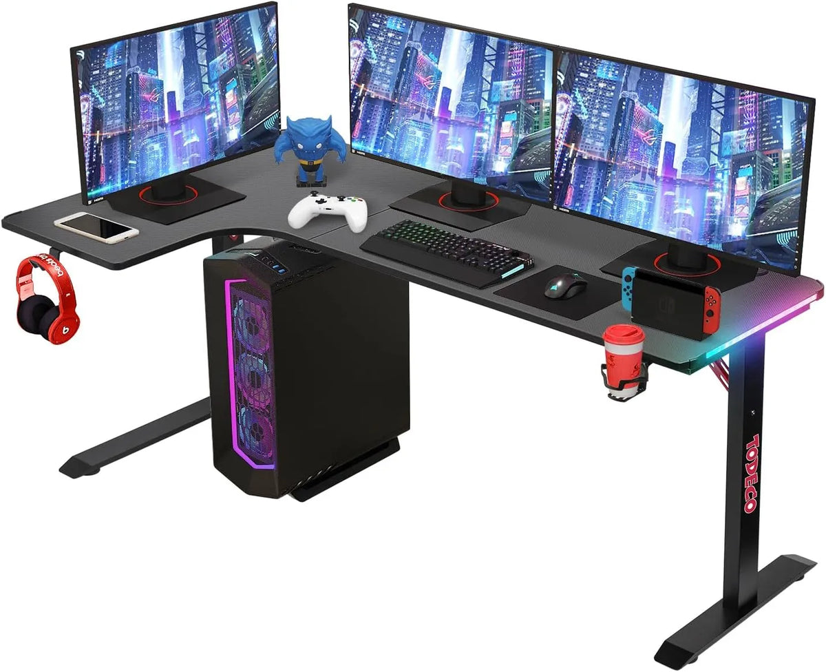 Bureau d'angle gaming en L avec LEDs, 160 x 100 cm, plateau en fibre de carbone