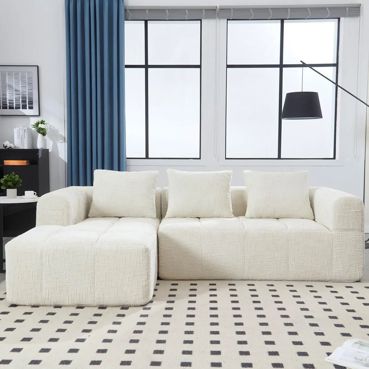Canapé d'Angle Modulable 3 Places avec Coussins et Accoudoirs, Tissu Chenille, Chaise Longue et Poche Latérale - Beige
