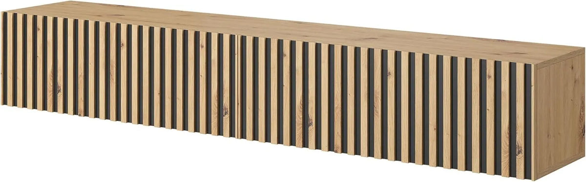 Meuble Télévision 175 cm en Chêne Artisan avec Façade Sculptée et Incrustations Noires - Selsey TELIRE