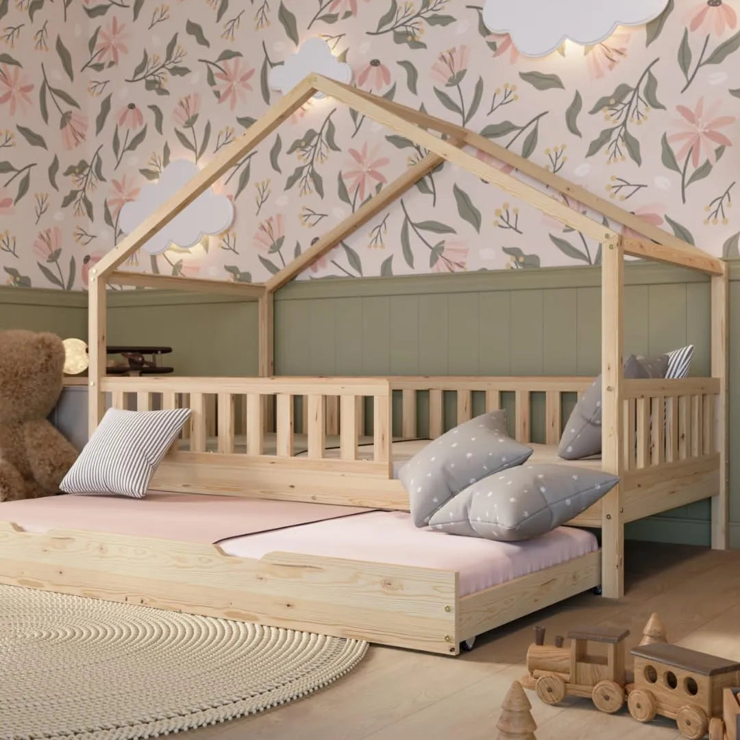 Lit Cabane en Bois Naturel pour Enfants 190x90 cm avec Barrière Amovible et Tiroir