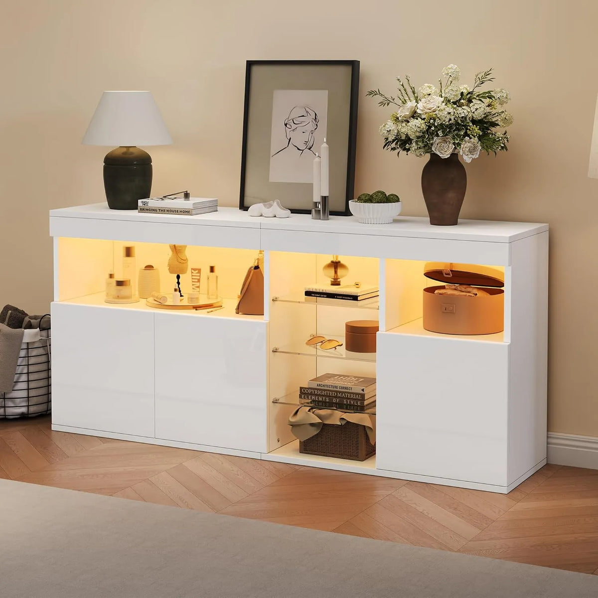 Buffet Moderne avec LED, 3 Portes et Vitrines, 155,5x35x72 cm