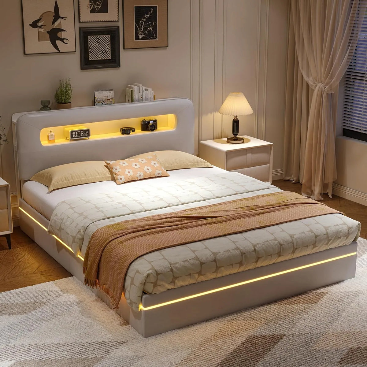 Lit Coffre 160x200 cm avec LED et Rangement Hydraulique, Velours Beige