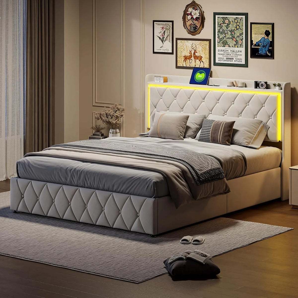 Lit Double Beige 160x200 cm avec LED et USB, Rangement Hydraulique, Sommier à Lattes