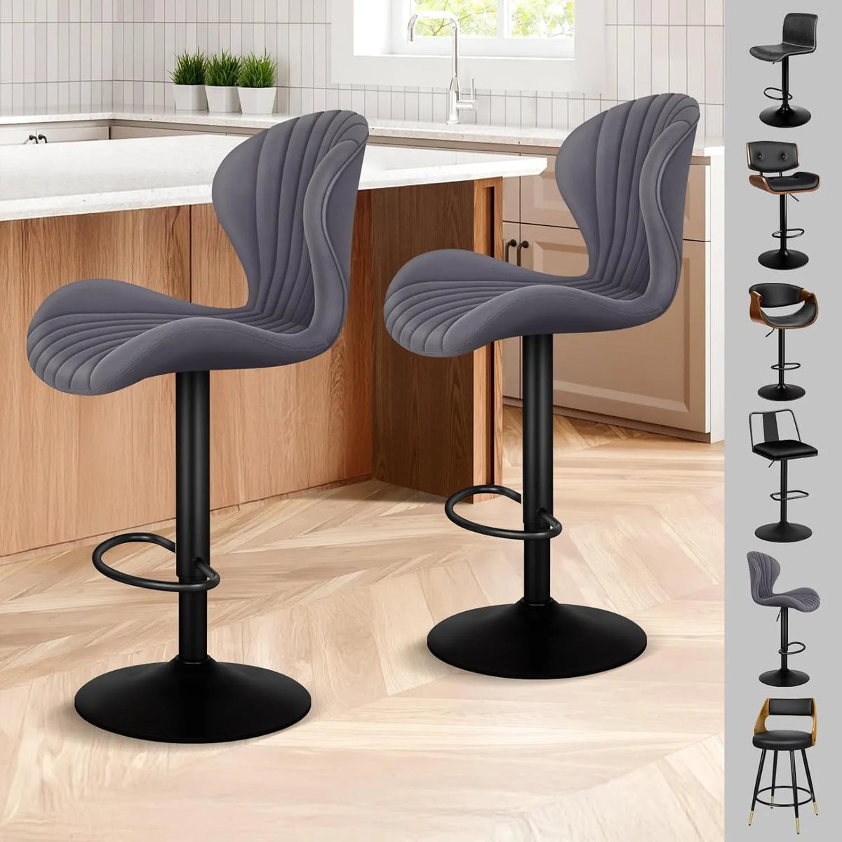 Tabourets de Bar Réglables en Hauteur Pivotants - Lot de 2, Similicuir Gris, pour Cuisine et Salle à Manger