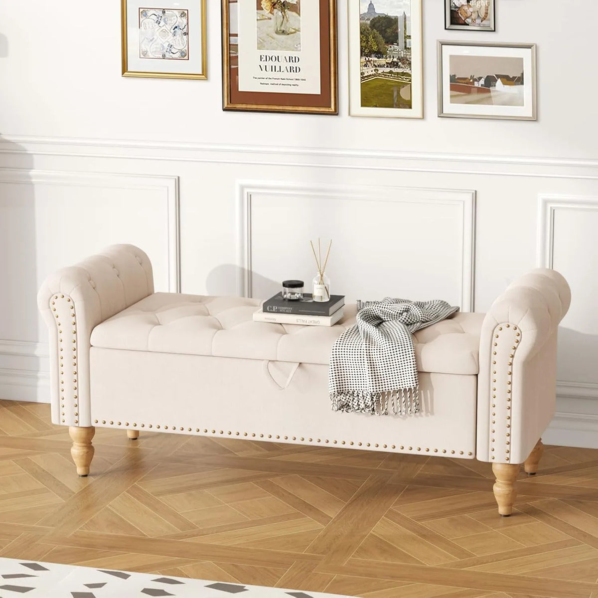 Banquette de Rangement en Lin Beige avec Accoudoirs pour Salon ou Chambre