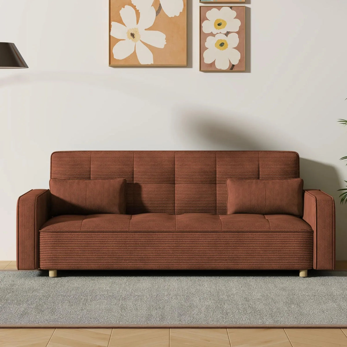 Canapé Convertible 3 Places Velours Terracotta Style Scandinave