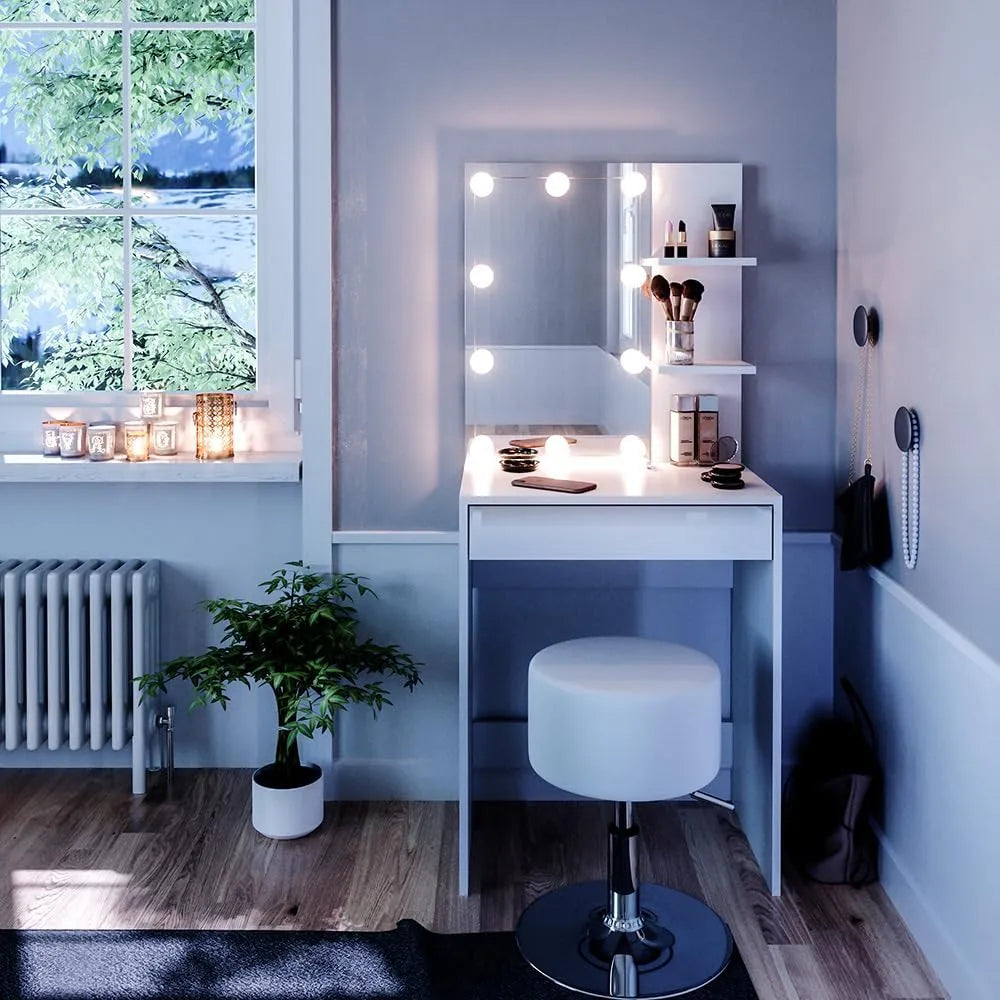 Table de Coiffure Isabelle 60 cm, Blanc avec Éclairage LED et Tabouret Inclus