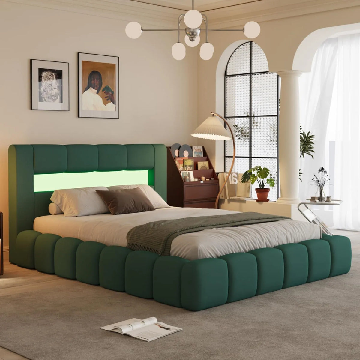 Lit Coffre King Size 180x200 cm en Velours Vert avec LED et Sommier
