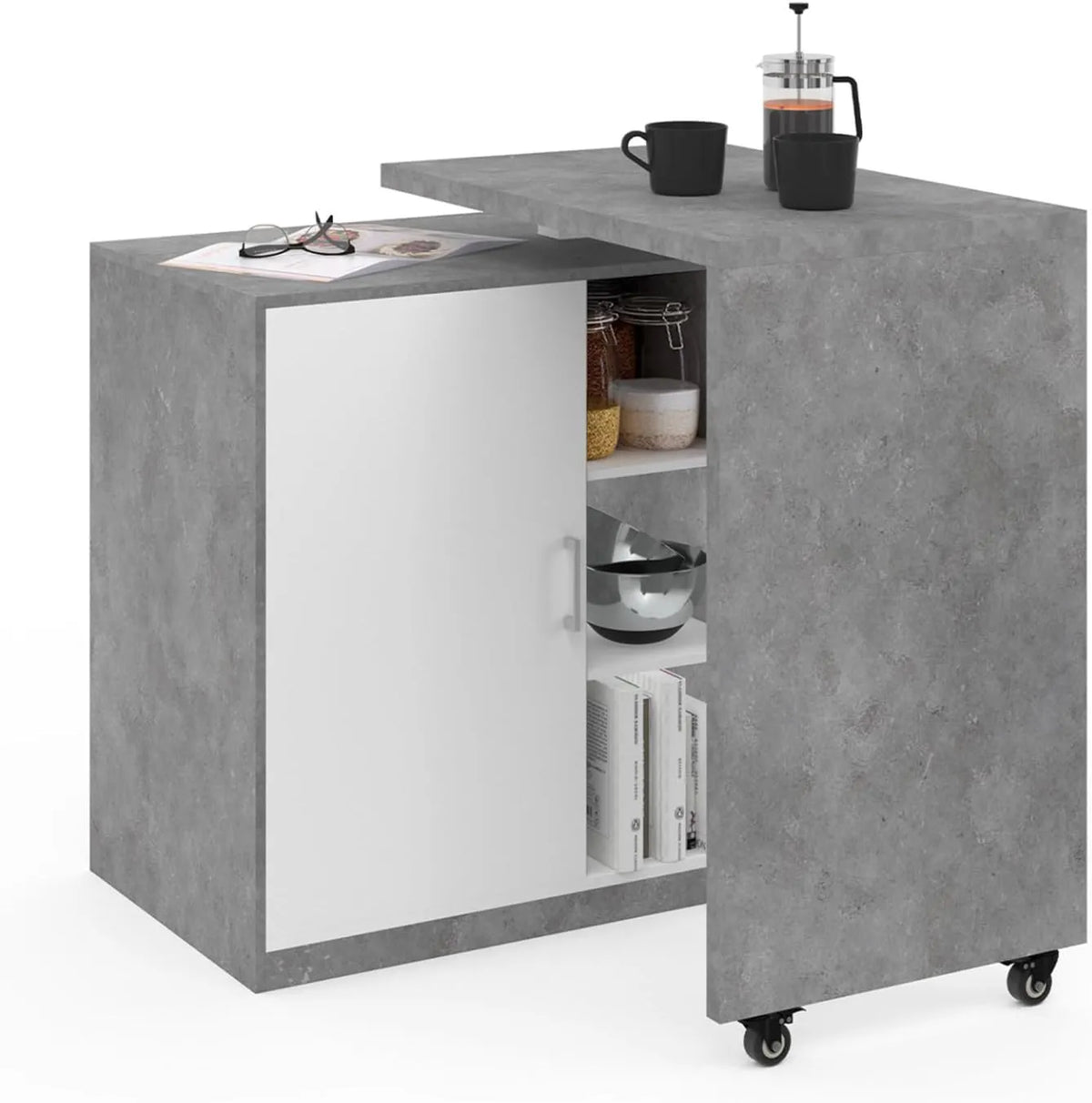 IDMarket - Ilot Bar Rotatif 2 en 1 Polo Effet Béton et Portes Blanches