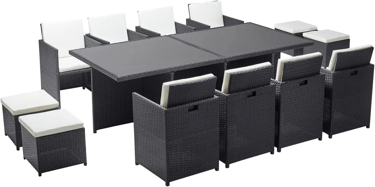 Ensemble de Jardin 12 Places en Résine Tressée avec Table en Verre – Monaco Noir/Blanc