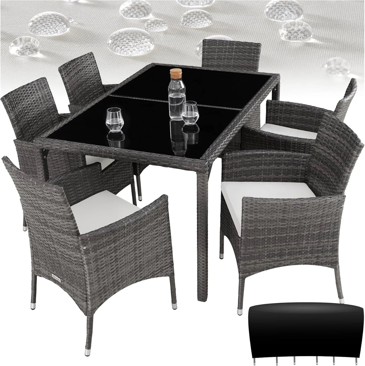 Ensemble de Jardin en Rotin Synthétique avec Table et 6 Chaises - Résistant aux UV - Gris/Blanc