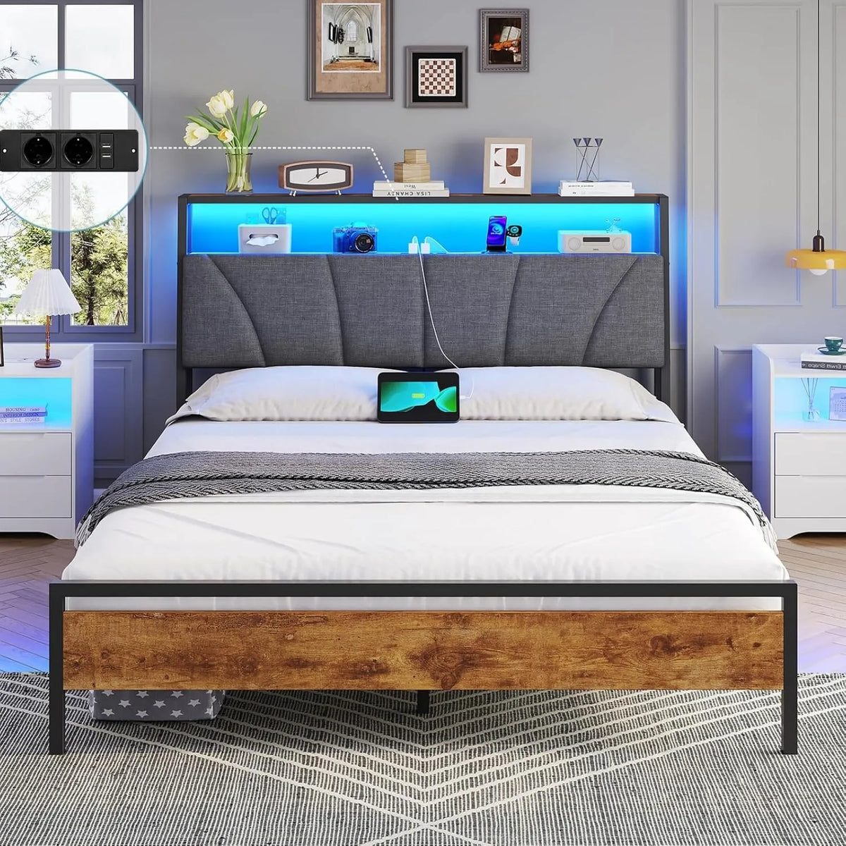Lit Double Métal 140x200 avec Sommier et LED, Prises AC/USB, Rangement, Assemblage Facile, Design Vintage Marron Gris