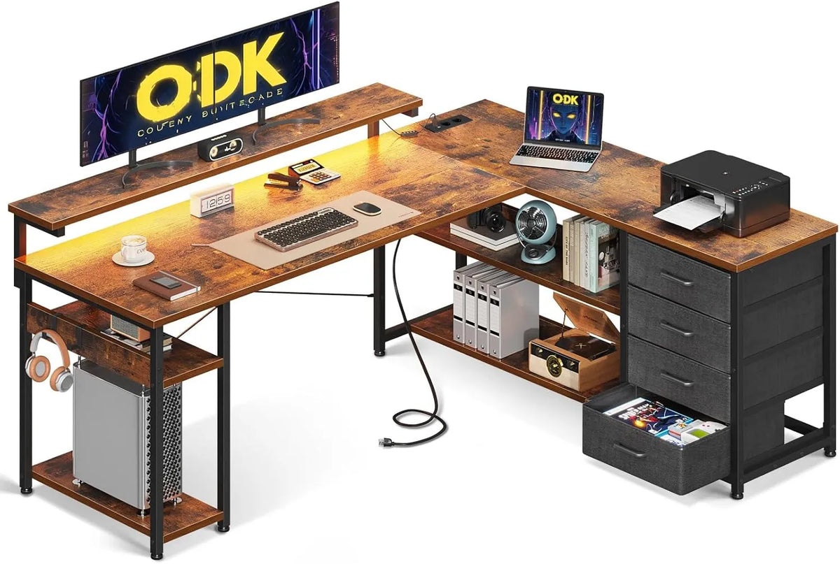 Bureau d'angle réversible avec rangements et éclairage LED, 2 prises et ports USB, finition vintage, 155x110 cm