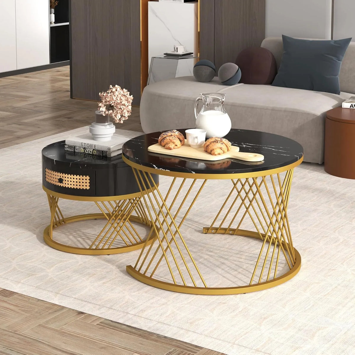 Ensemble de 2 Tables Basses Rondes en MDF Effet Marbre avec Cadre en Métal Noir et Doré