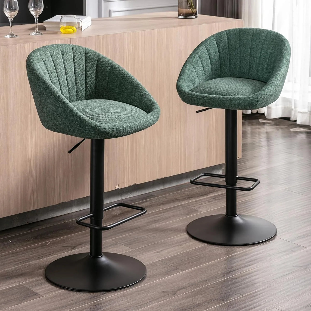 Ensemble de 2 Tabourets de Bar Modernes en Tissu Réglables, Chaises Hautes de Cuisine Confortables, Vert