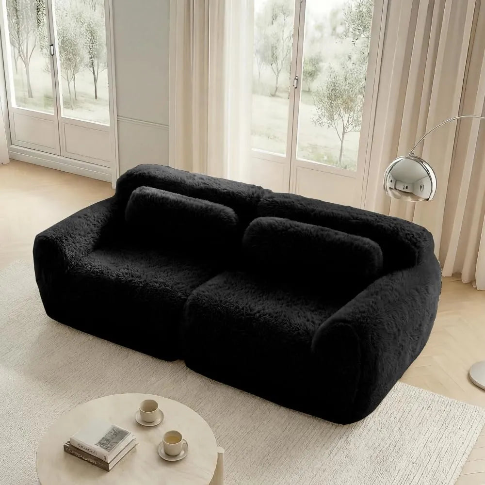 Sofa d'Angle Convertible 2-4 Places en Tissu Noir avec Coussins