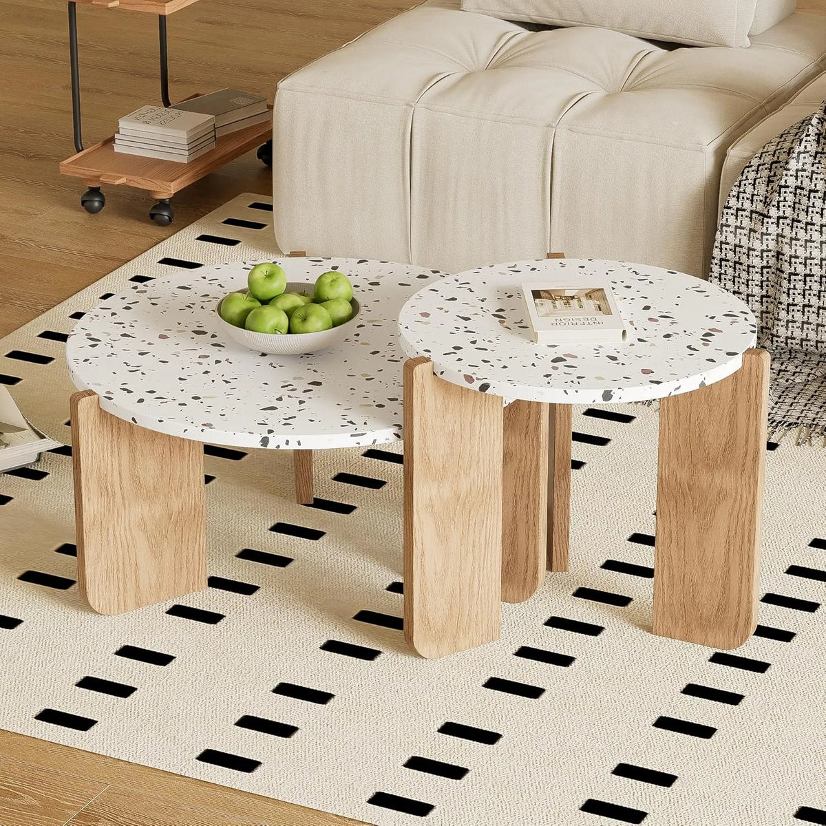 Ensemble de 2 Tables Basses Gigognes, Design Floral, Bois et Blanc, Diamètres 70/50 cm