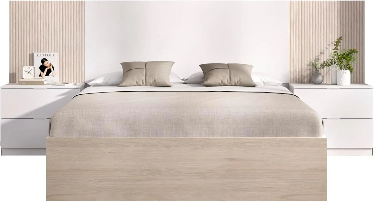 Lit avec tête de lit et tables de nuit, 2 tiroirs, LOMA, 140 x 190 cm, chêne naturel/blanc