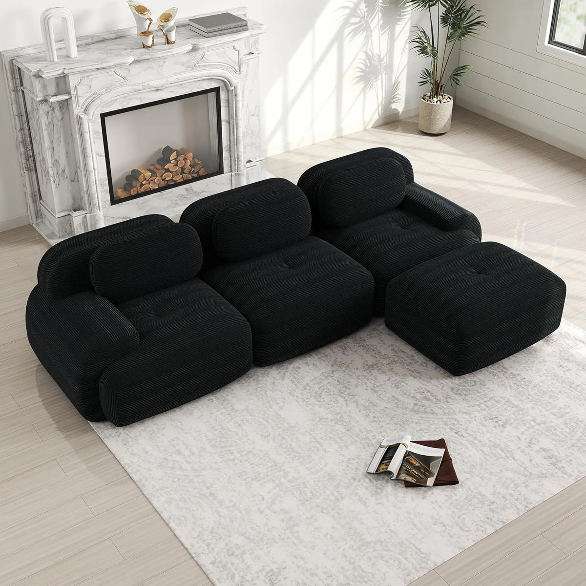 Canapé d'angle modulaire en velours côtelé noir, 2 à 4 places, convertible avec accoudoirs et repose-pieds