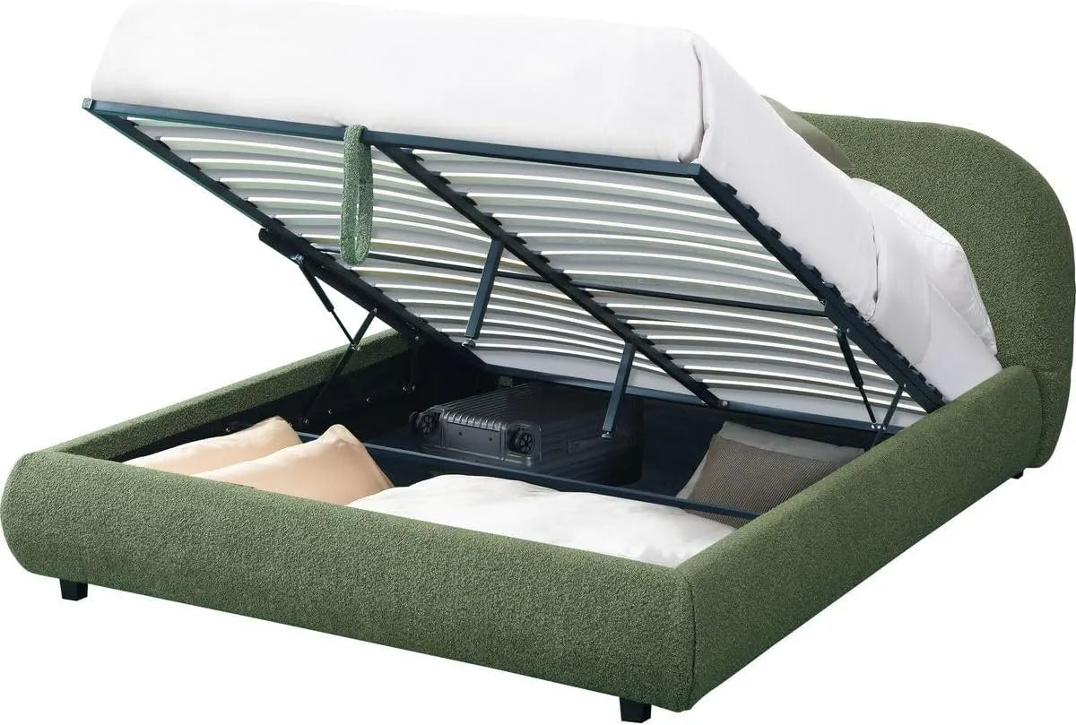 Lit Coffre 160x200 cm avec Tête de Lit Tissu Bouclé Vert - Modèle Madisson