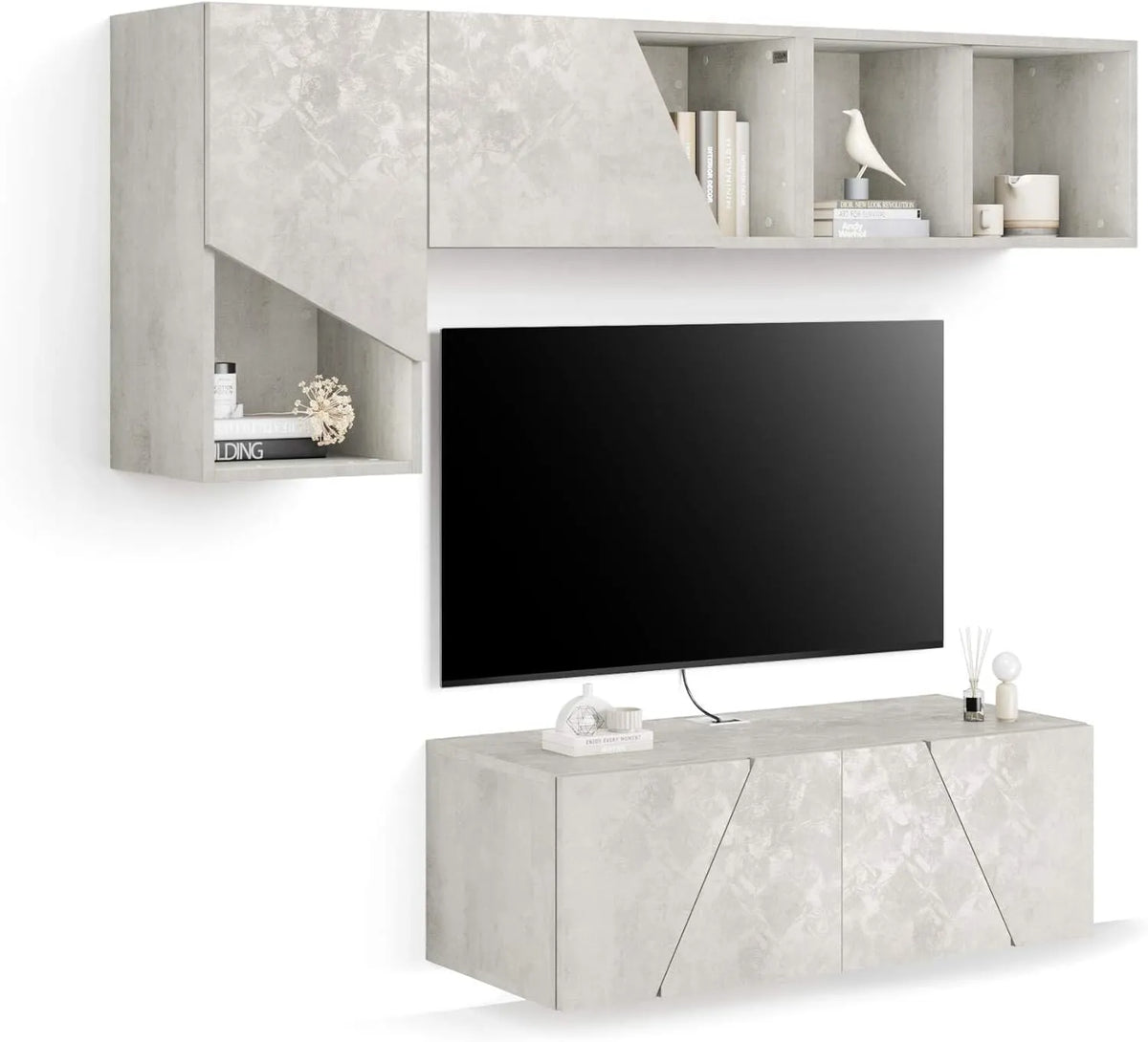 Ensemble Mural Emma 3 - Meuble TV Gris Béton avec Rangement 176x44x170 cm
