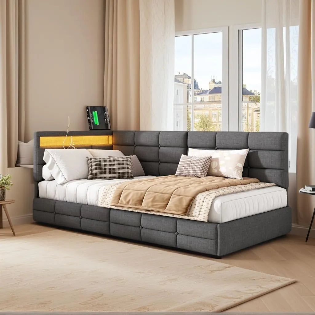 Cadre de lit simple en lin gris avec tiroirs et éclairage LED USB 90x200 cm