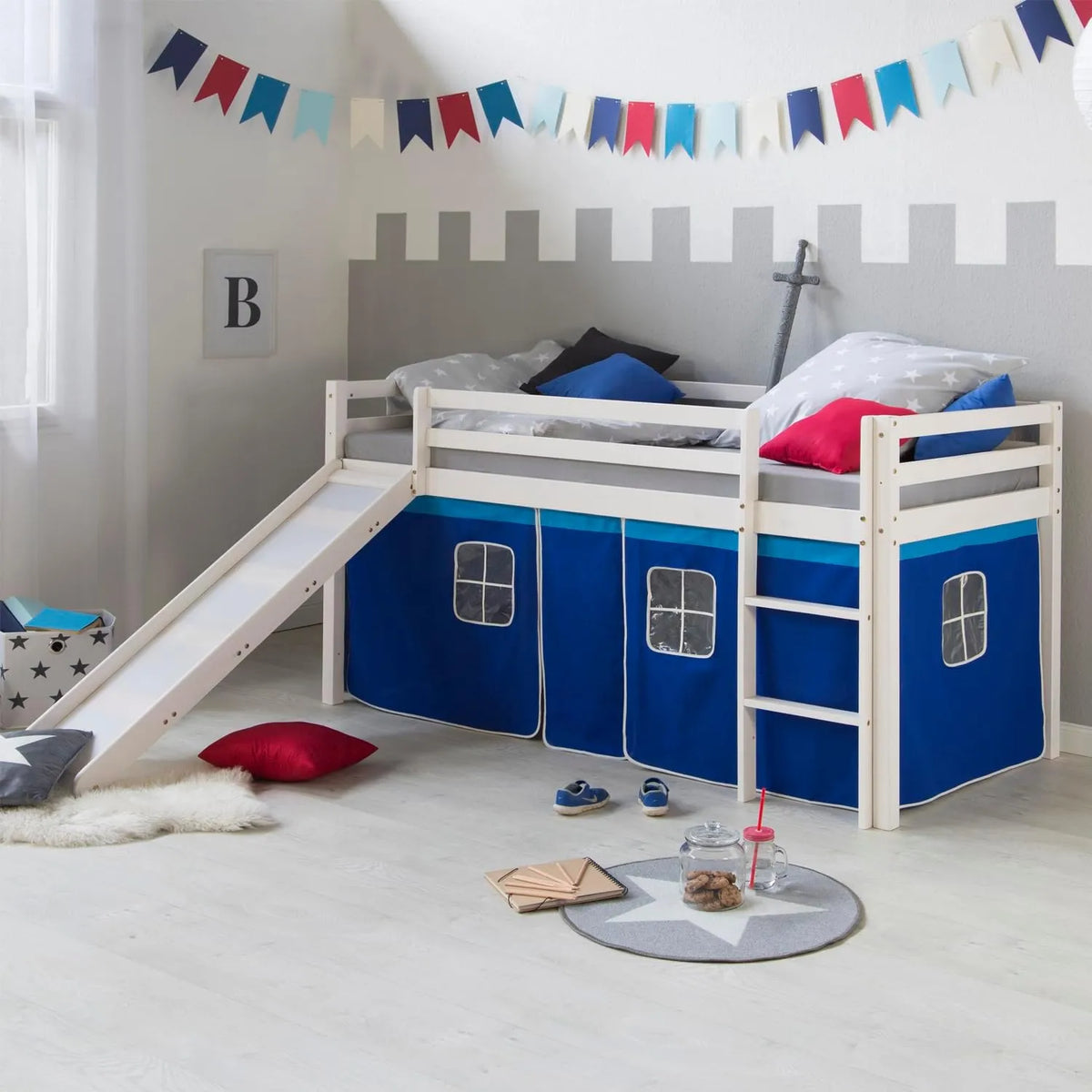 Lit Mezzanine Enfant en Bois avec Toboggan et Rideau, 90x200 cm, Blanc