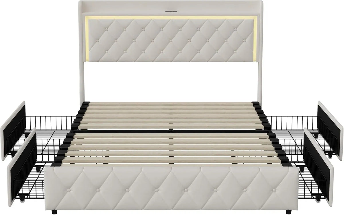 Lit Double 140x200 cm avec Rangement et LED, Velours Beige, Design Moderne