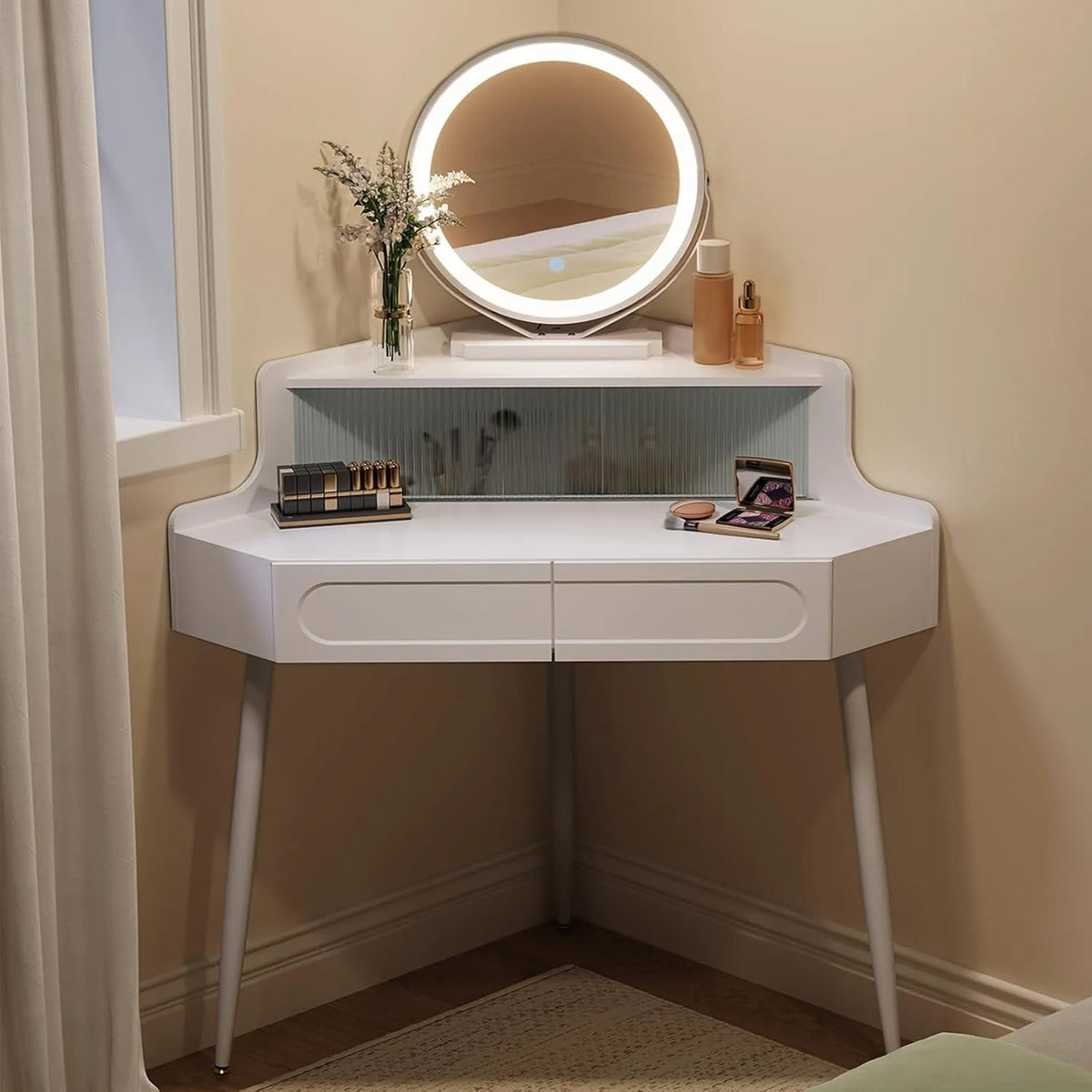 Table de Maquillage Moderne en Angle avec Miroir LED, 2 Tiroirs et Casier en Verre - Blanc