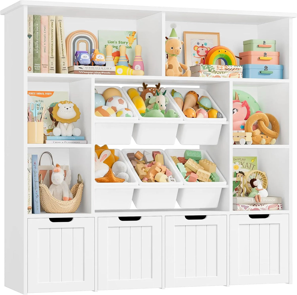 Bibliothèque Enfant avec Étagères et Boîtes de Rangement Amovibles, 4 Tiroirs Roulants, Meuble de Rangement pour Chambre ou Salle de Jeu, Blanc 125x33x121cm