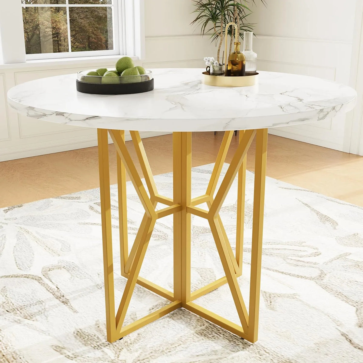 Table Ronde en Marbre Blanc 80x80cm, Design Industriel pour 2-4 Personnes, Pieds Métalliques Dorés Ajustables