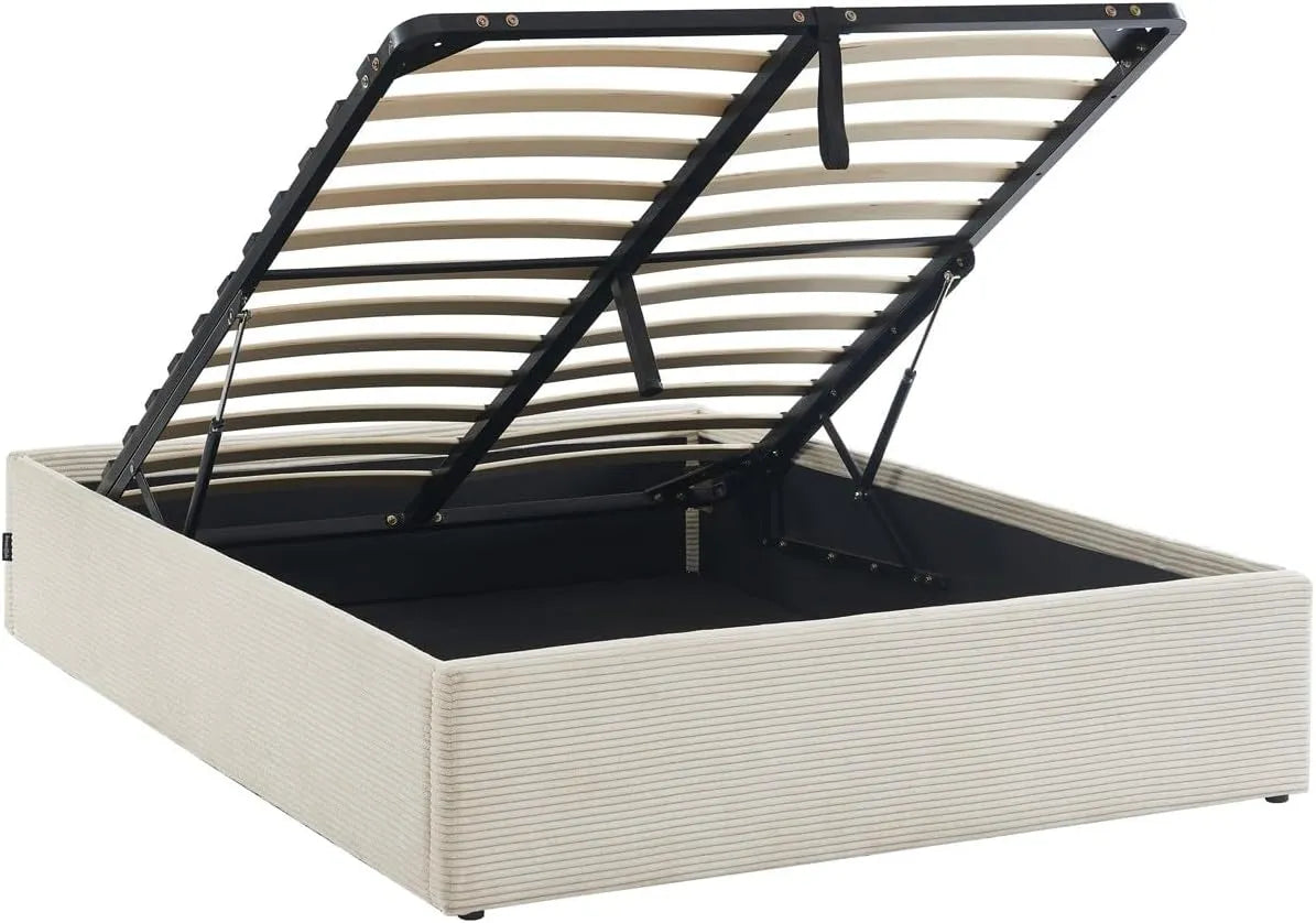 Lit Adulte 160x200 cm en Velours Beige avec Sommier Inclus - Modèle Handy