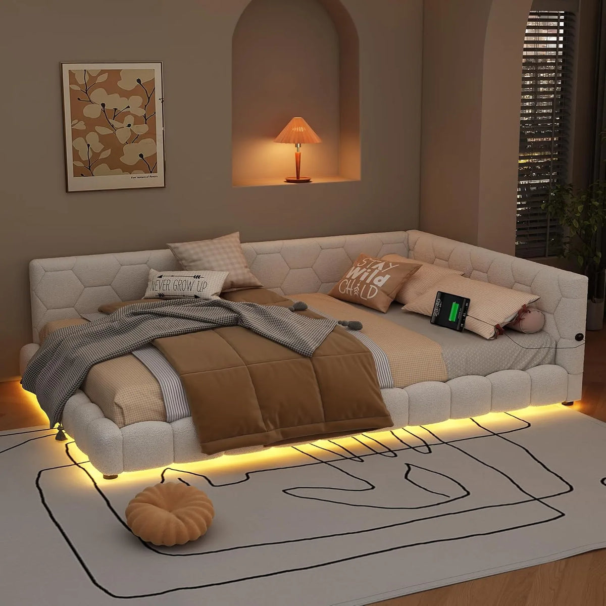 Canapé-lit Daybed avec Ports USB Type-C et Lumières LED, Blanc, 140 x 200 cm