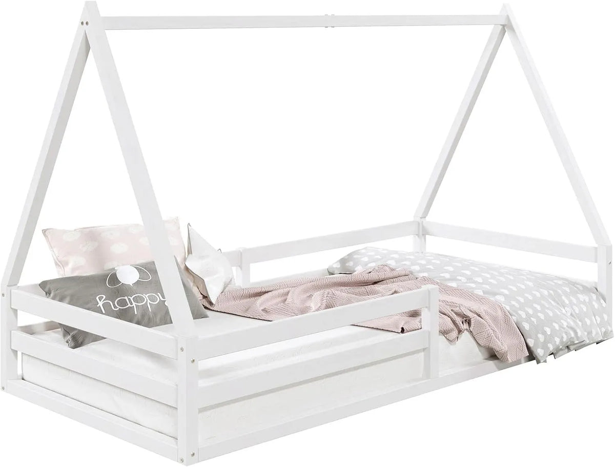 Lit Cabane Enfant Montessori 90x190 cm en Pin Massif Blanc - IDIMEX