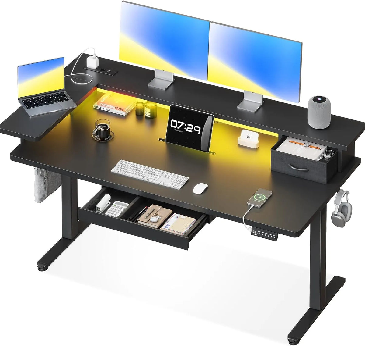 Bureau Électrique Réglable OffiGo, 140x60 cm, Table Ergonomique avec Tiroir et Port USB, Noir