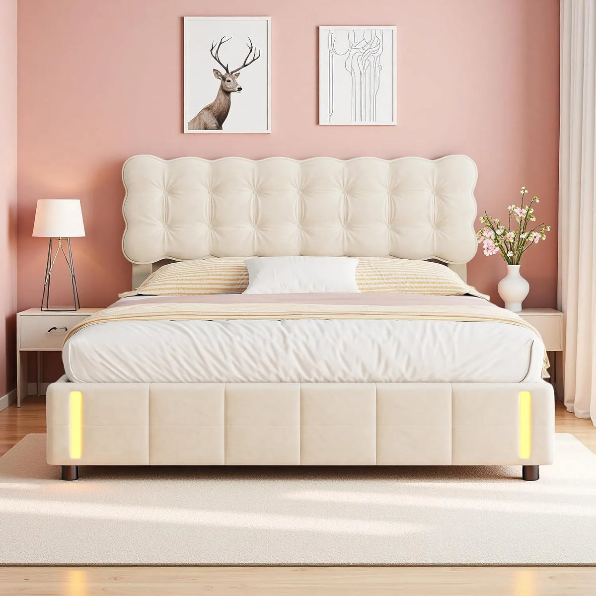 Lit Coffre Moderne 160x200 avec LED, Velours Beige Capitonné et Rangement Hydraulique