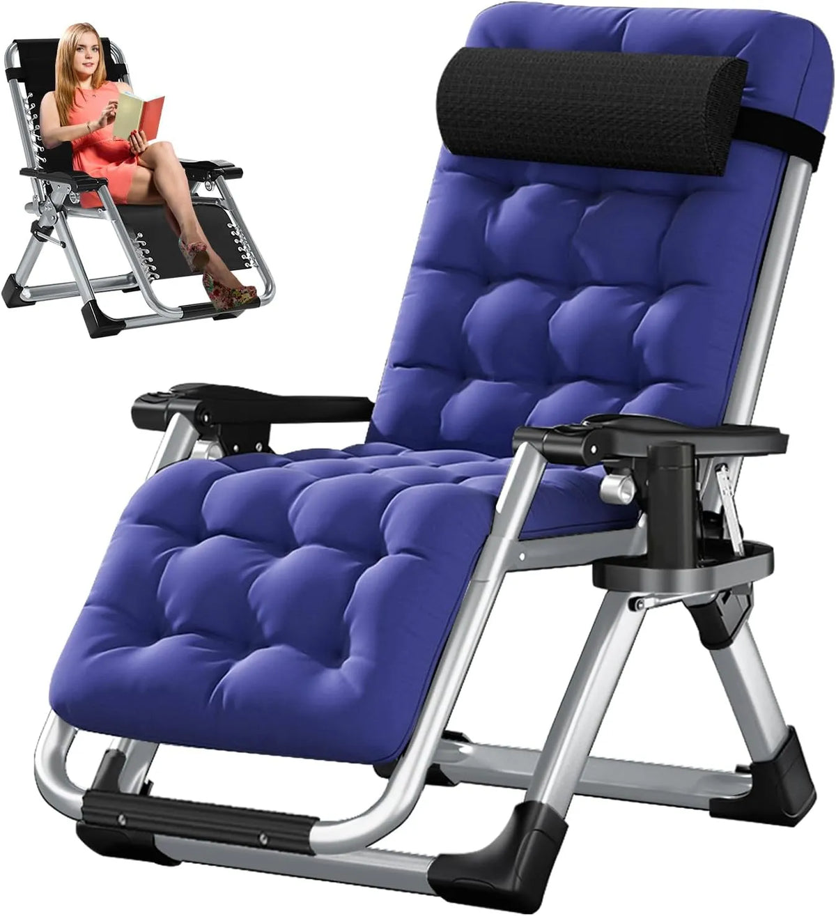 Chaise Longue Pliable avec Coussin et Porte-gobelet, Transat Inclinable pour Jardin et Plage, 200kg