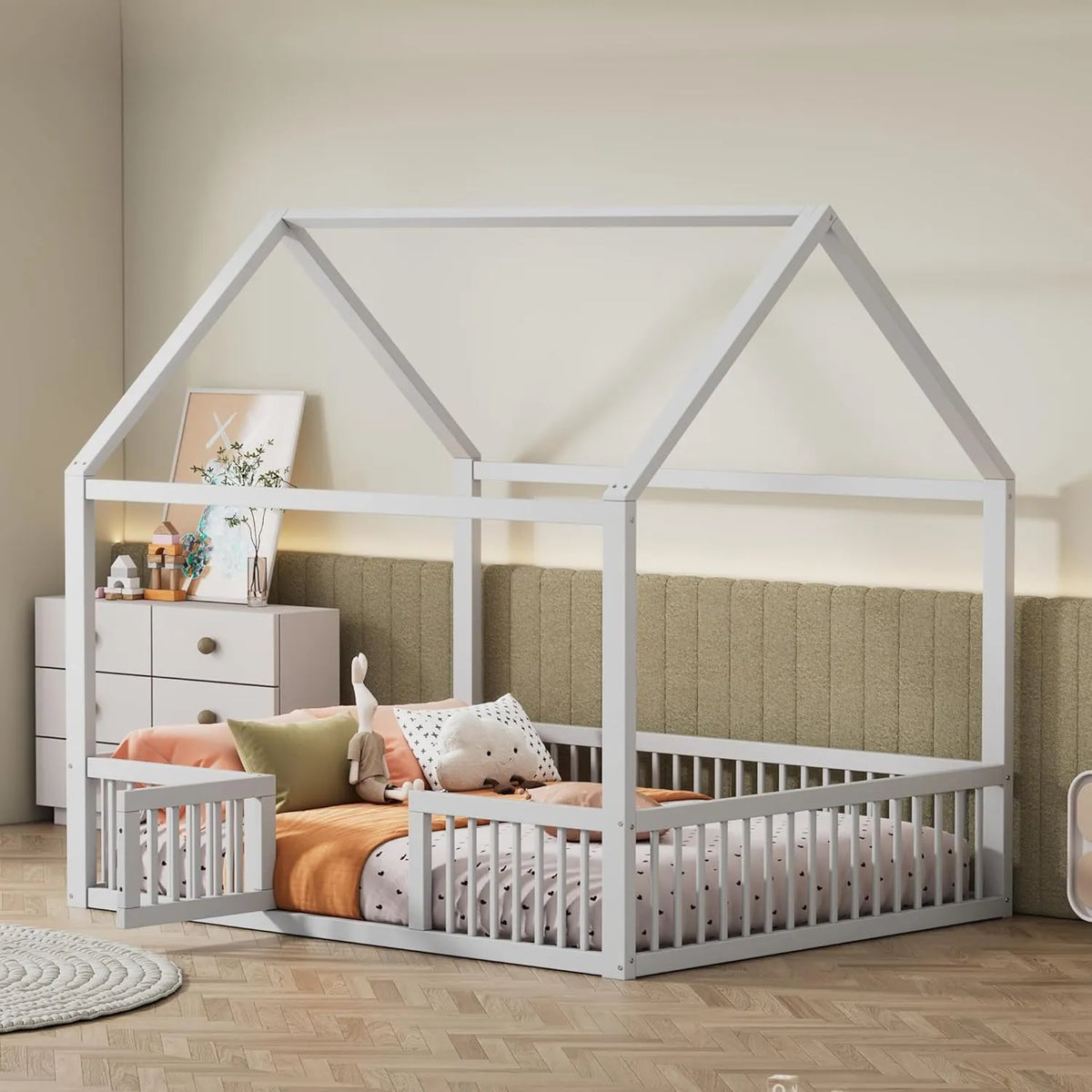 Lit Cabane en Bois Massif 140x200 cm avec Portes, Blanc